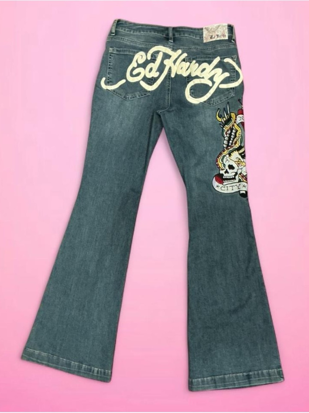 ❤️💀Ed Hardy -Blue Flared Jeans with Embroidered Skull Graphic